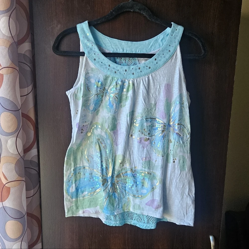 Justice Blue and White Butterfly Tank Top